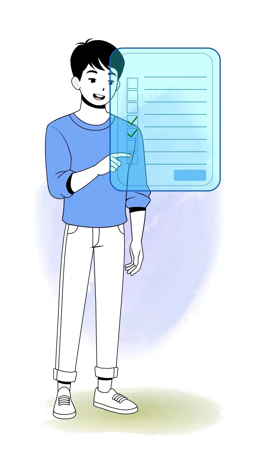 A cartoon young man in a beige sweatshirt and teal pants stands with a hand on his chin beside a translucent blue checklist panel,implying digital planning or task management AKA Jin
