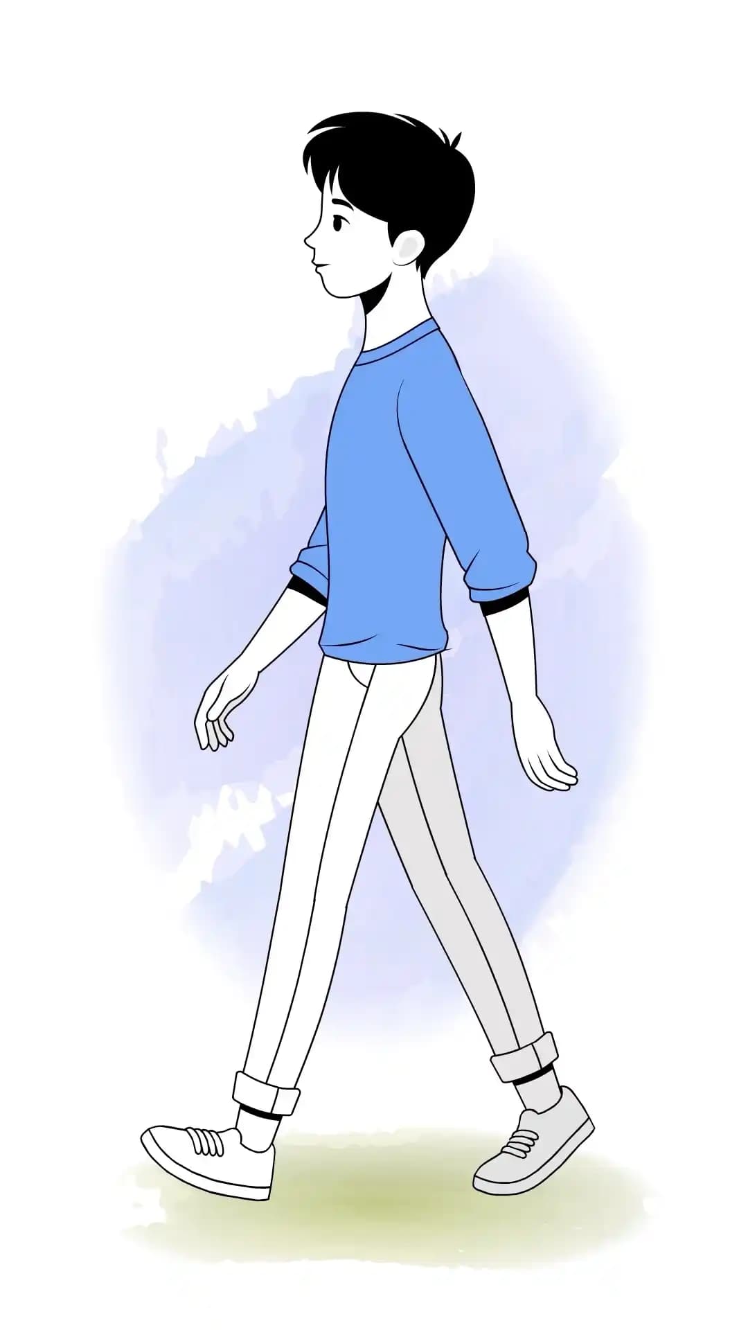 Side-profile illustration of a young man casually walking left, wearing a light yellow sweatshirt, teal rolled-up pants, and sneakers—minimal, soft-color style ideal for infographics and UI AKA Jin