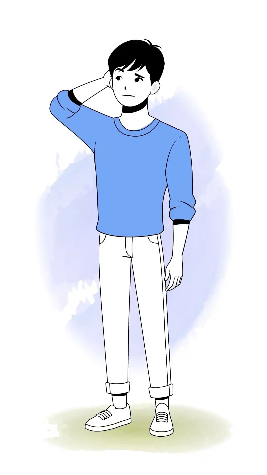 A confused young man scratching the back of his head, front view. He wears a light yellow sweatshirt with rolled sleeves, teal cuffed pants, and sneakers; clean pastel illustration ideal for infographics, apps, and e-learning AKA Jin