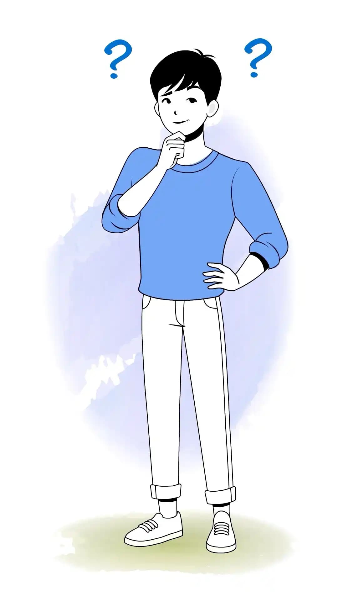 A thoughtful young man in a pastel yellow sweatshirt and teal cuffed pants stands in a three-quarter view with one hand on his chin and the other on his hip,blue question marks above his head; clean cartoon style for explainer,UI,and e-learning scenes AKA Jin