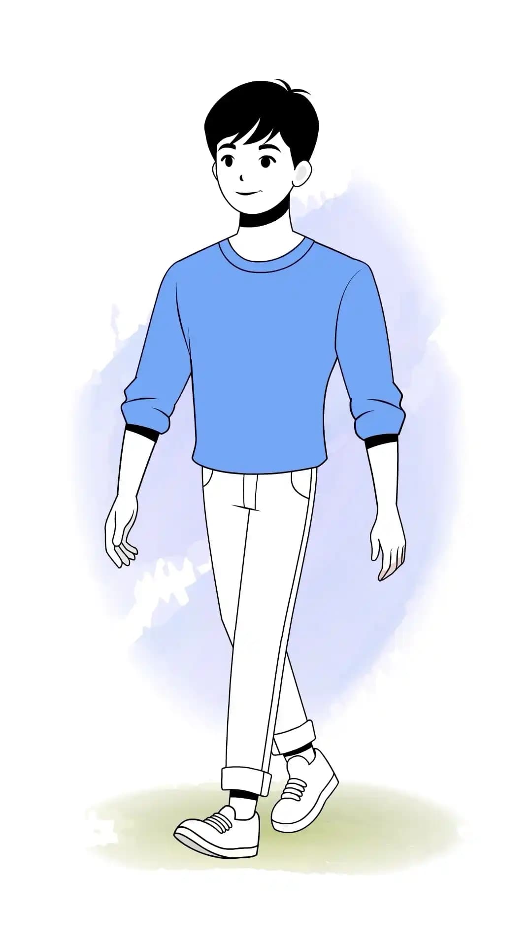 A casual young man in a light yellow sweatshirt and teal cuffed pants walks forward in a three-quarter view with a relaxed smile,wearing teal sneakers; clean cartoon style for explainer,UI,and e-learning scenes AKA Jin
