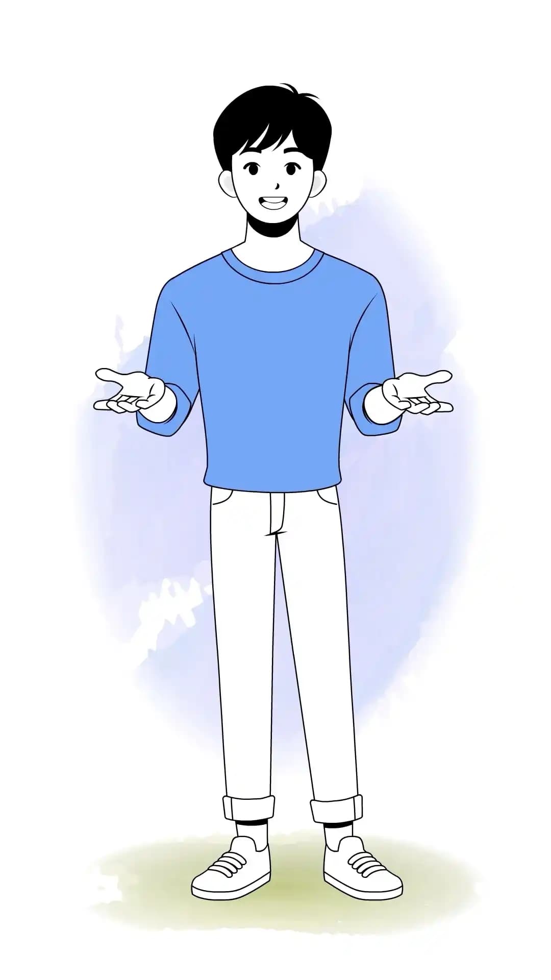 A friendly young man faces forward,smiling and speaking with both palms up in an open-hand gesture,wearing a light yellow sweatshirt,teal cuffed pants,and teal sneakers in a clean cartoon style AKA Jin