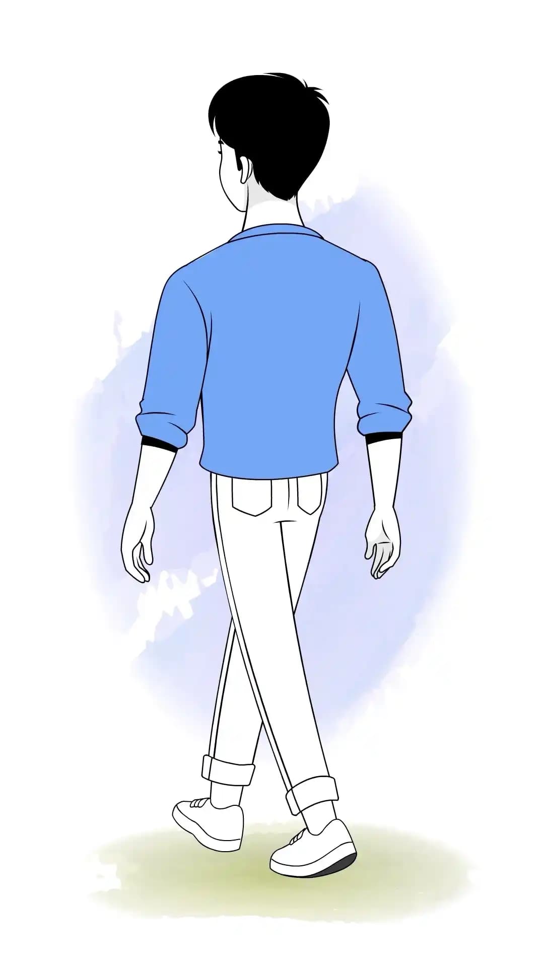 A casual young man walks in a back three-quarter view,wearing a light yellow sweatshirt,teal cuffed pants,and teal sneakers,shown in a clean cartoon style with a relaxed stride AKA Jin