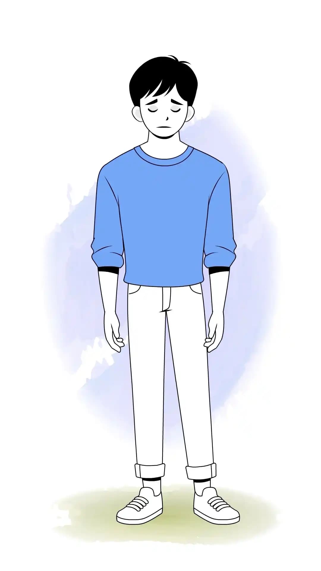 A cartoon young man in a beige sweatshirt and green rolled-cuff pants stands facing forward with eyes closed and a downcast, sad expression AKA Jin