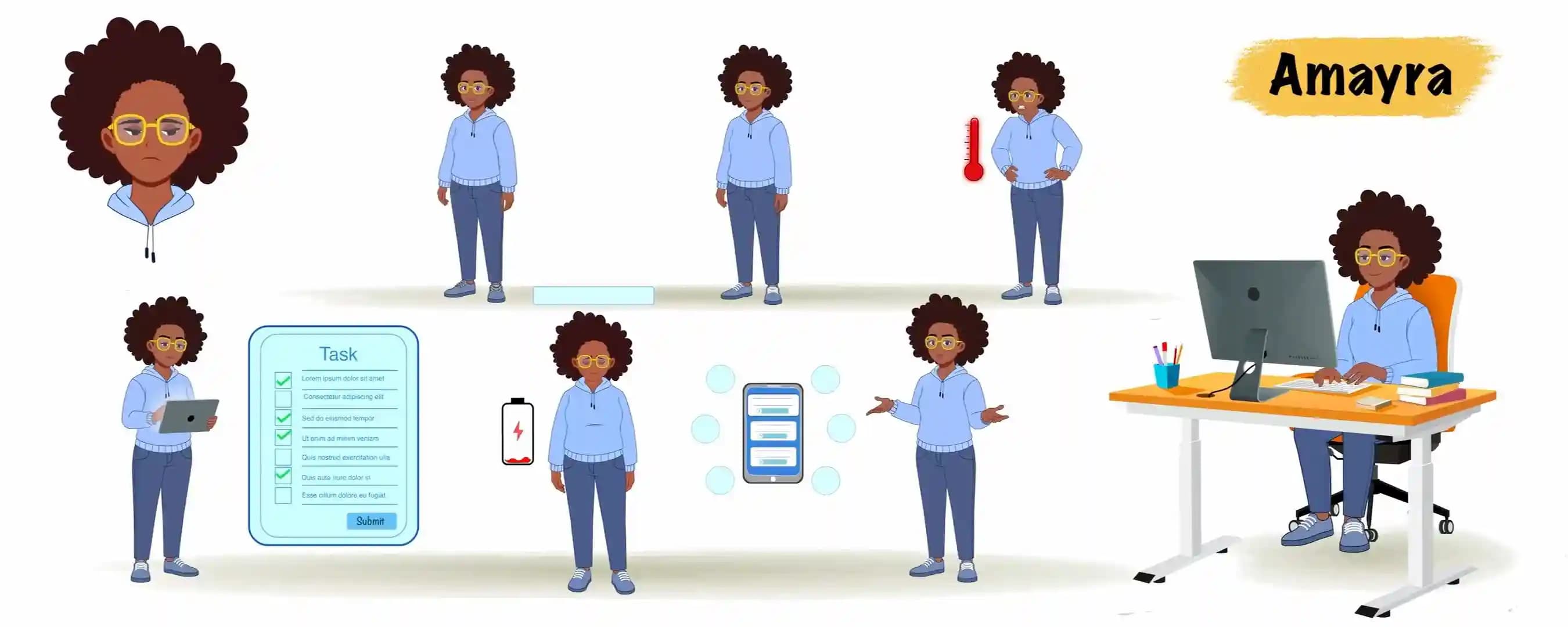 2d African woman animated vector cartoon character model sheet