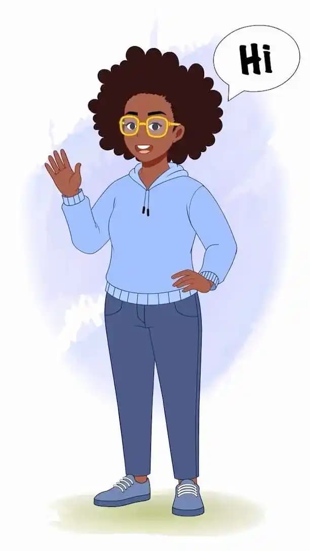 2D African woman cartoon character waving hand animated vector illustration for design and storytelling