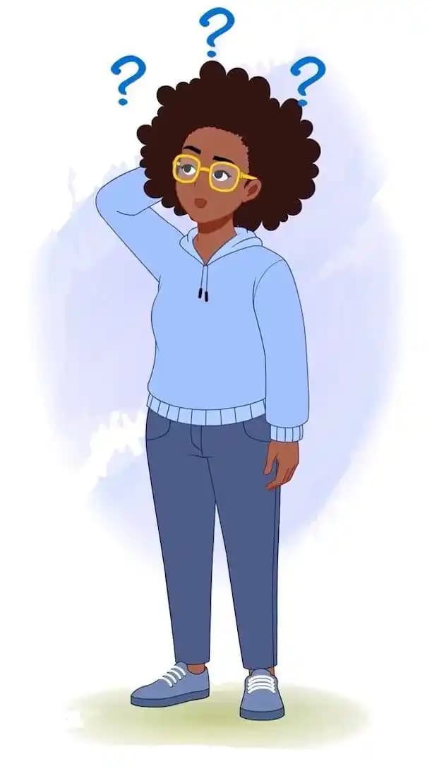 2D African woman cartoon character looking confused animated vector illustration