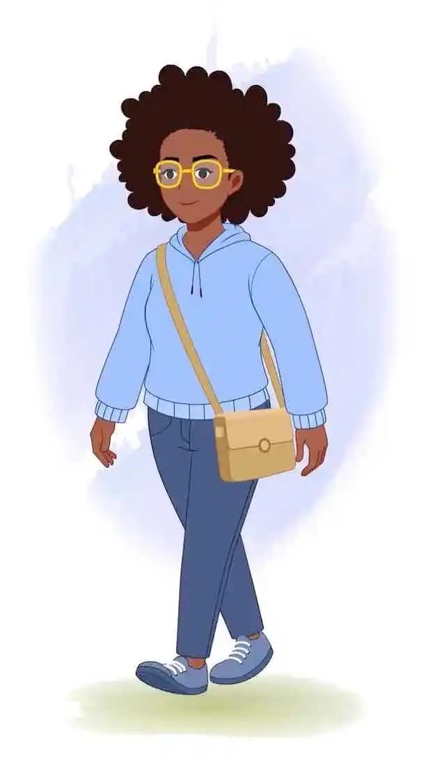 2D African woman cartoon character walking animated vector illustration