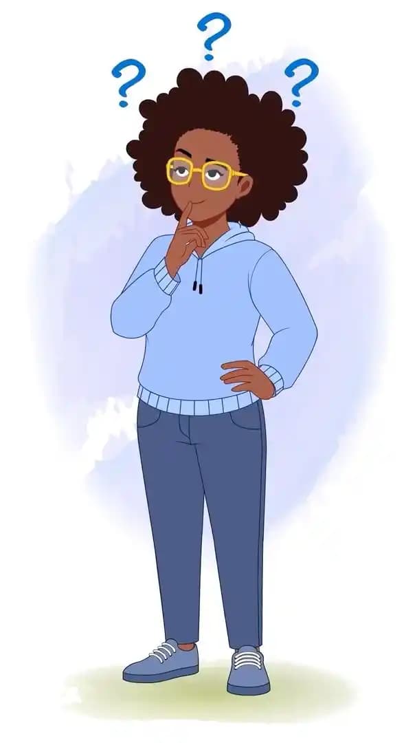 2D African American woman cartoon character in thinking pose animated vector illustration