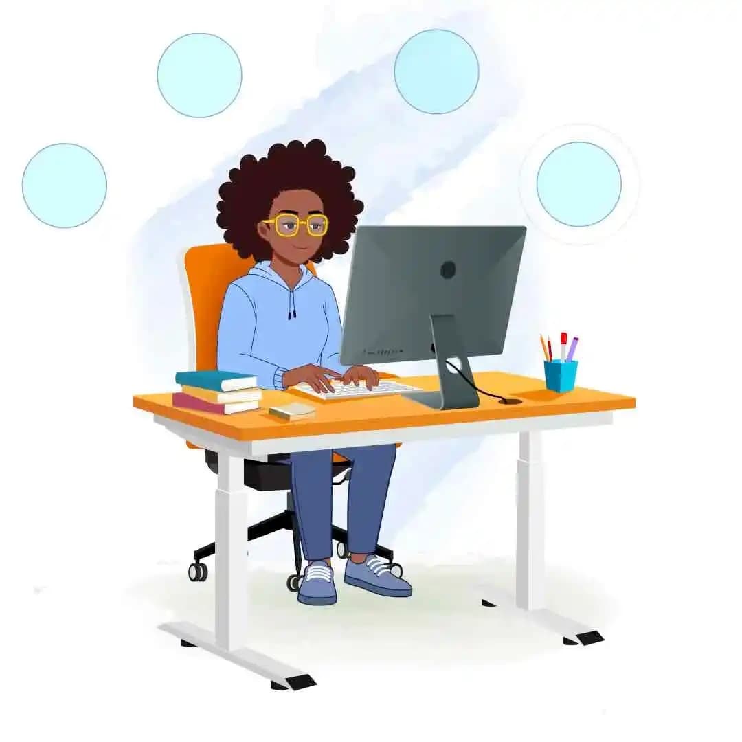 2D African woman cartoon character working on desktop computer animated vector illustration