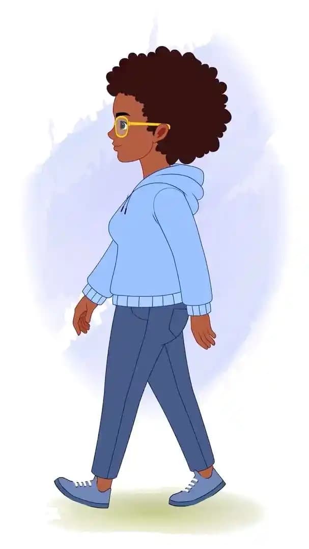 Animated vector illustration of 2D African woman cartoon character walking from side view