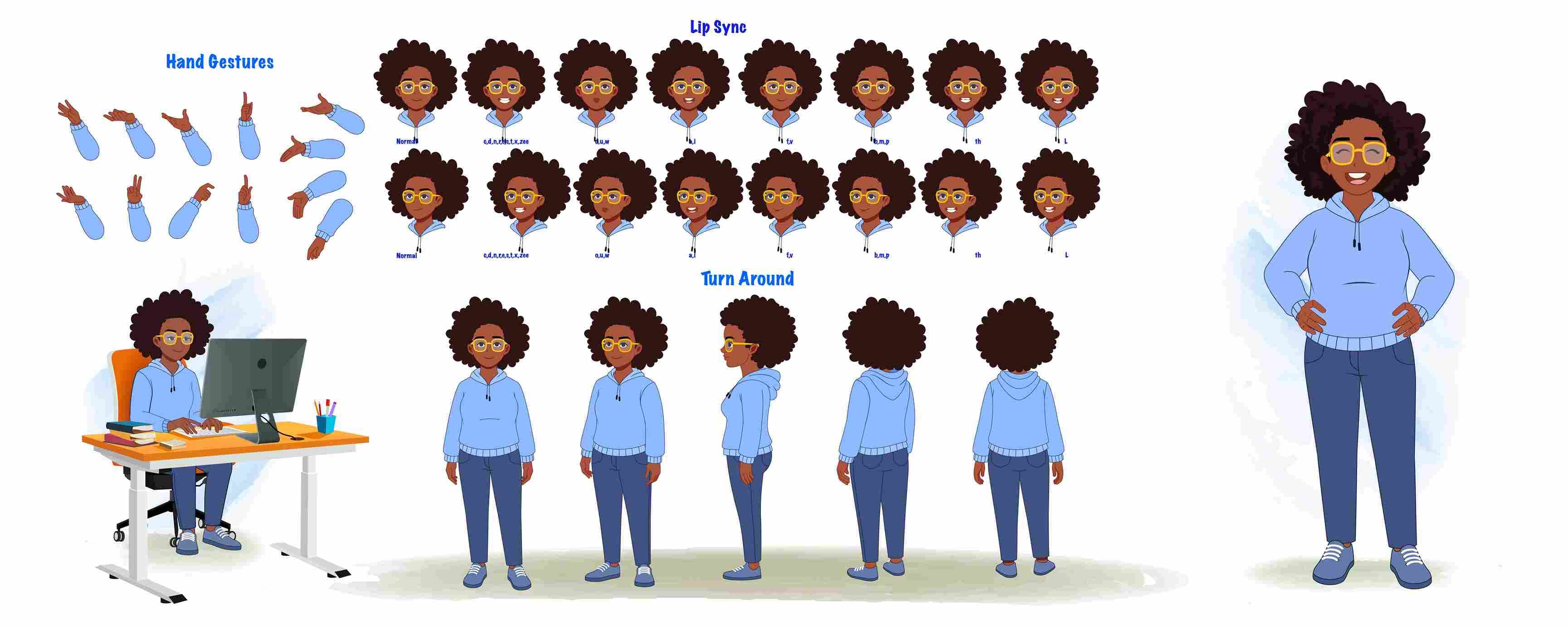 2d african woman model sheet with turnaround poses, lip Sync & gestures character construction set for animation AKA Amayra