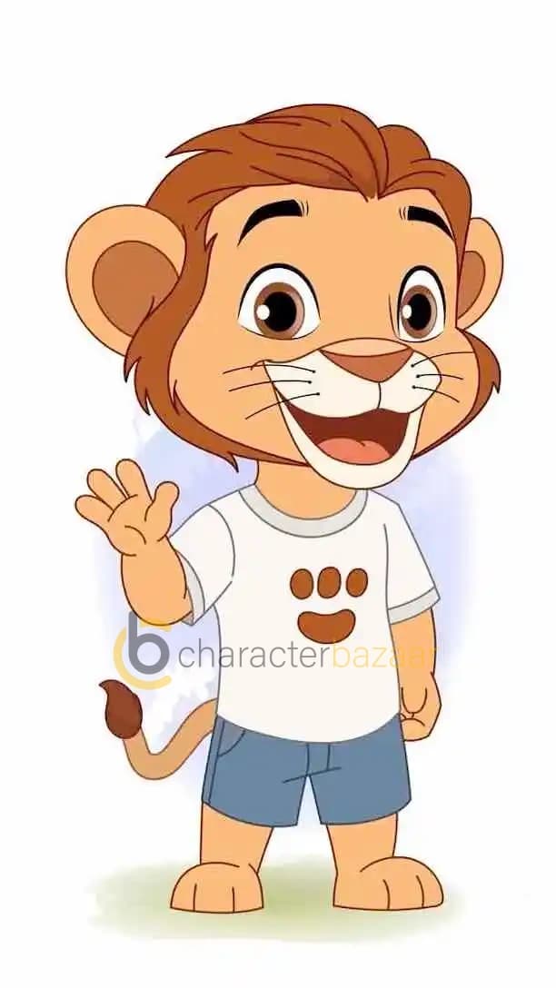 Cute 2D baby lion cartoon character in a white t-shirt and blue shorts, smiling and waving with one hand
