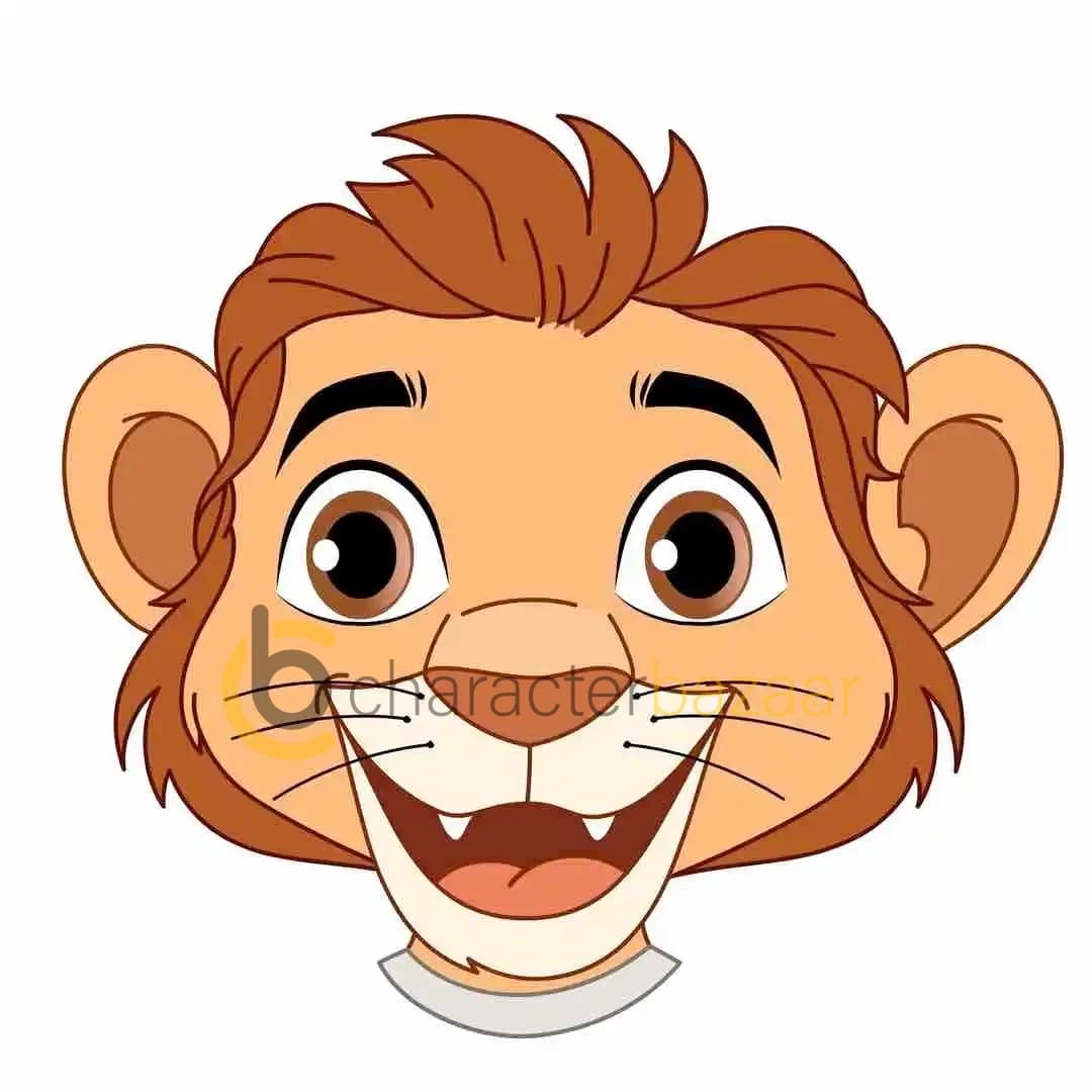 A close-up of a baby lion cartoon character’s face, smiling with wide eyes and an open mouth, showing excitement and joy