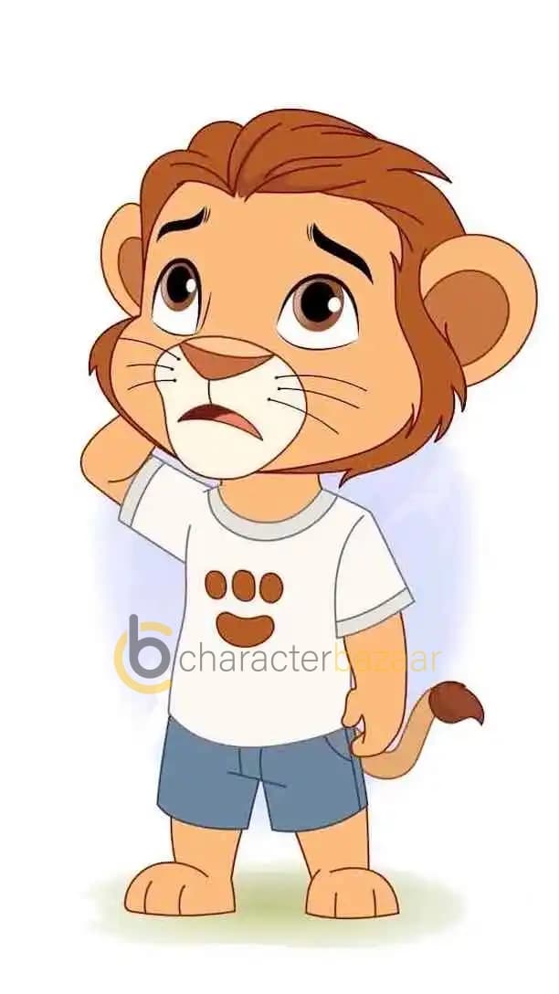 Cute 2D baby lion cartoon character in a white t-shirt and blue shorts, scratching his head with a puzzled and confused expression