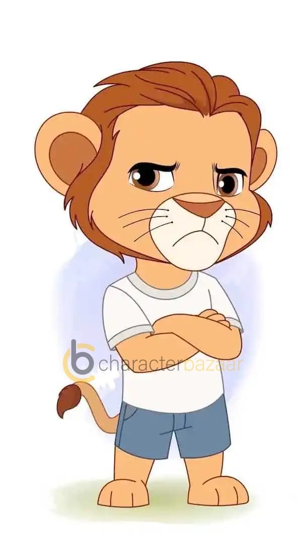 Cute 2D baby lion cartoon character in a white t-shirt and blue shorts, standing with arms crossed and an annoyed, frowning expression