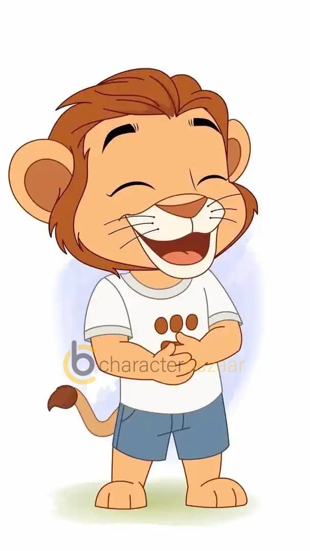 Cute 2D baby lion cartoon character in a white t-shirt and blue shorts, standing with hands clasped together, eyes closed, and mouth wide open while laughing joyfully