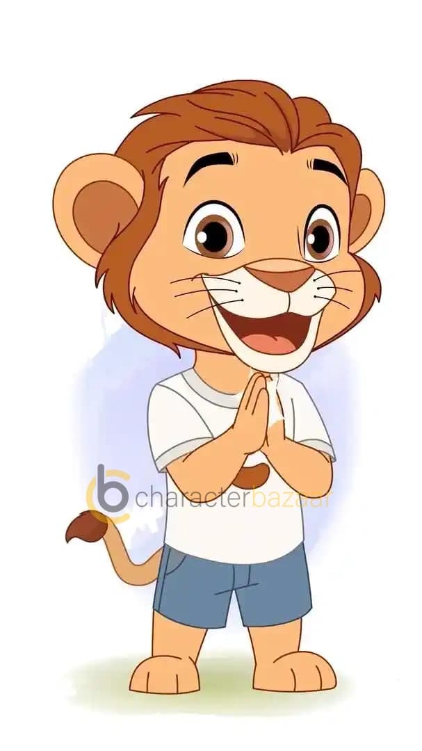 Cute 2D baby lion cartoon character in a white t-shirt and blue shorts, smiling with hands pressed together in a clapping or thankful gesture