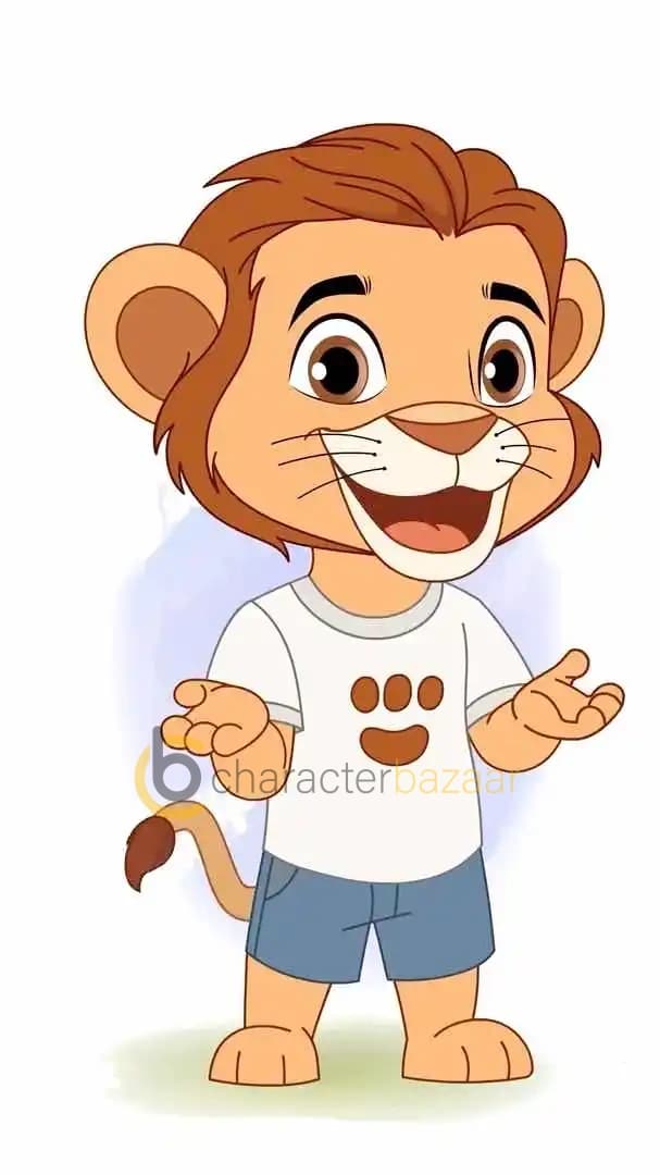Cute 2D baby lion cartoon character in a white t-shirt and blue shorts, smiling with open hands and an expressive talking gesture