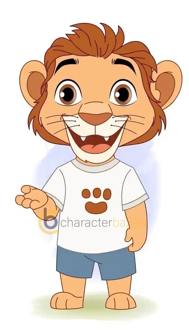 A cute baby lion cartoon character standing in a front view, smiling with an open mouth and gesturing with one hand as if talking. The character is wearing a white t-shirt with a paw print and blue shorts