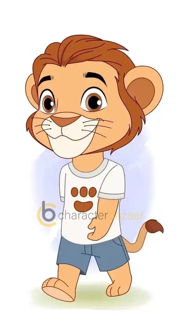 A cute baby lion cartoon character in mid-step, smiling while walking. The character is wearing a white t-shirt with a paw print design and blue shorts, with its tail slightly curved behind