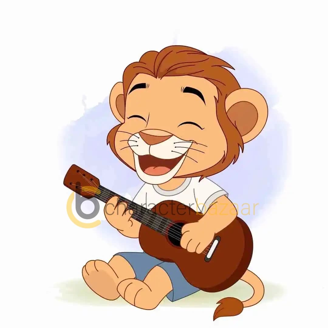 Cute 2D baby lion cartoon character in a white t-shirt and blue shorts, sitting cross-legged while happily playing a guitar and singing with eyes closed