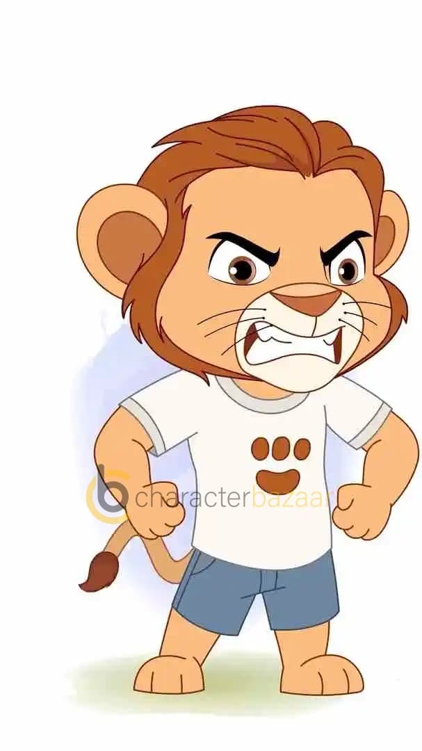 A baby lion cartoon character standing with clenched fists, furrowed brows, and bared teeth, showing an angry expression