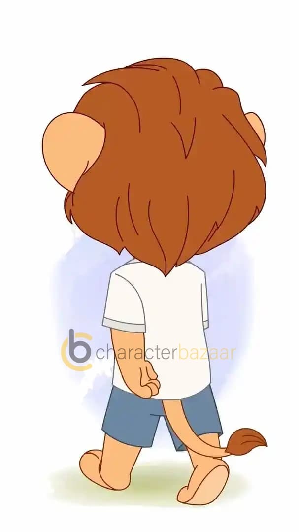 A baby lion cartoon character viewed from behind, walking away with its tail hanging down