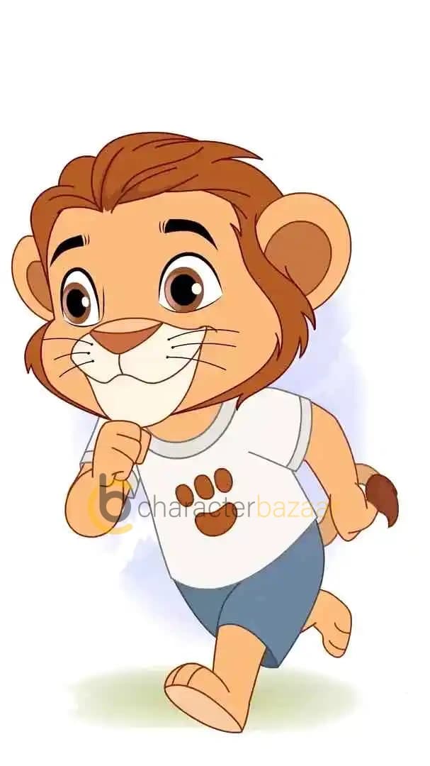 A baby lion cartoon character running forward with a cheerful smile, one arm bent near the chest and the other holding its tail