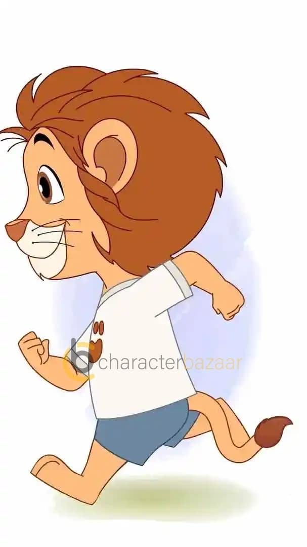 A baby lion cartoon character running in profile view, smiling with determination. The lion’s arms and legs are in motion