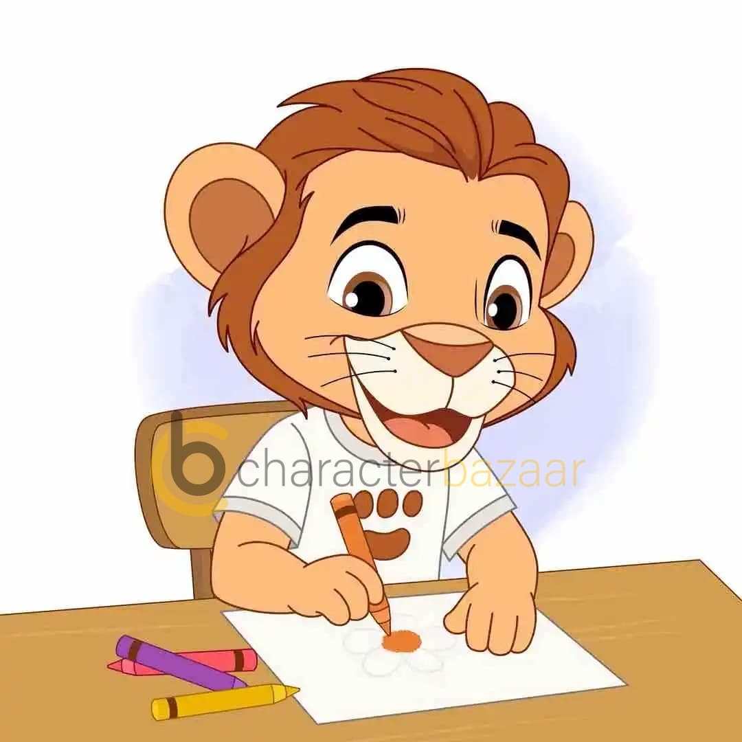 A cute baby lion cartoon character sitting at a table, happily drawing with crayons. The lion is coloring a flower on paper with an orange crayon while wearing a white t-shirt with a paw print and smiling brightly