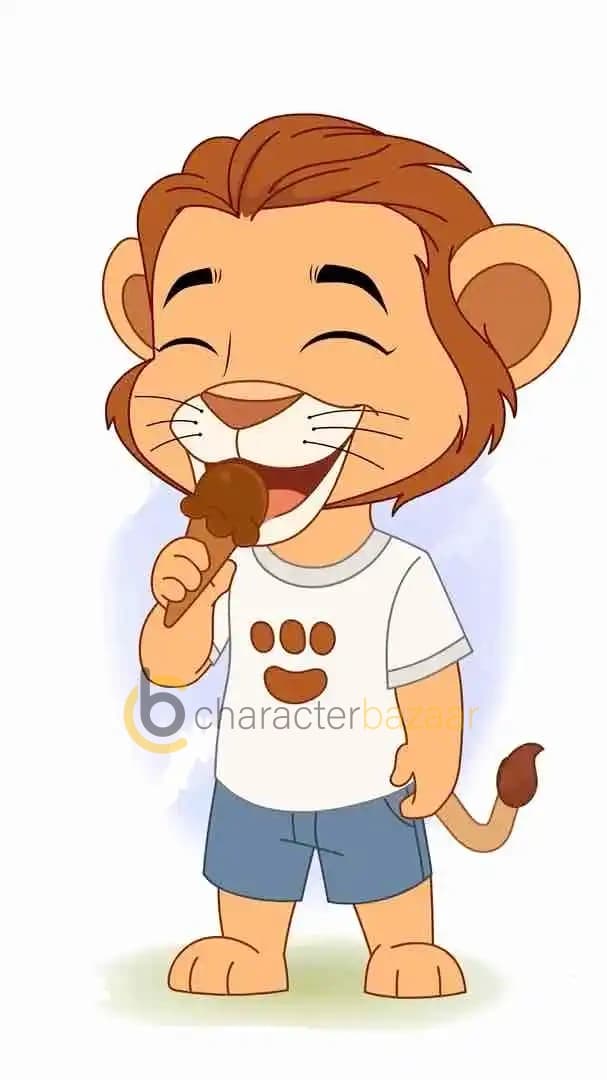 A baby lion cartoon character happily eating a chocolate ice cream cone, smiling with closed eyes in delight