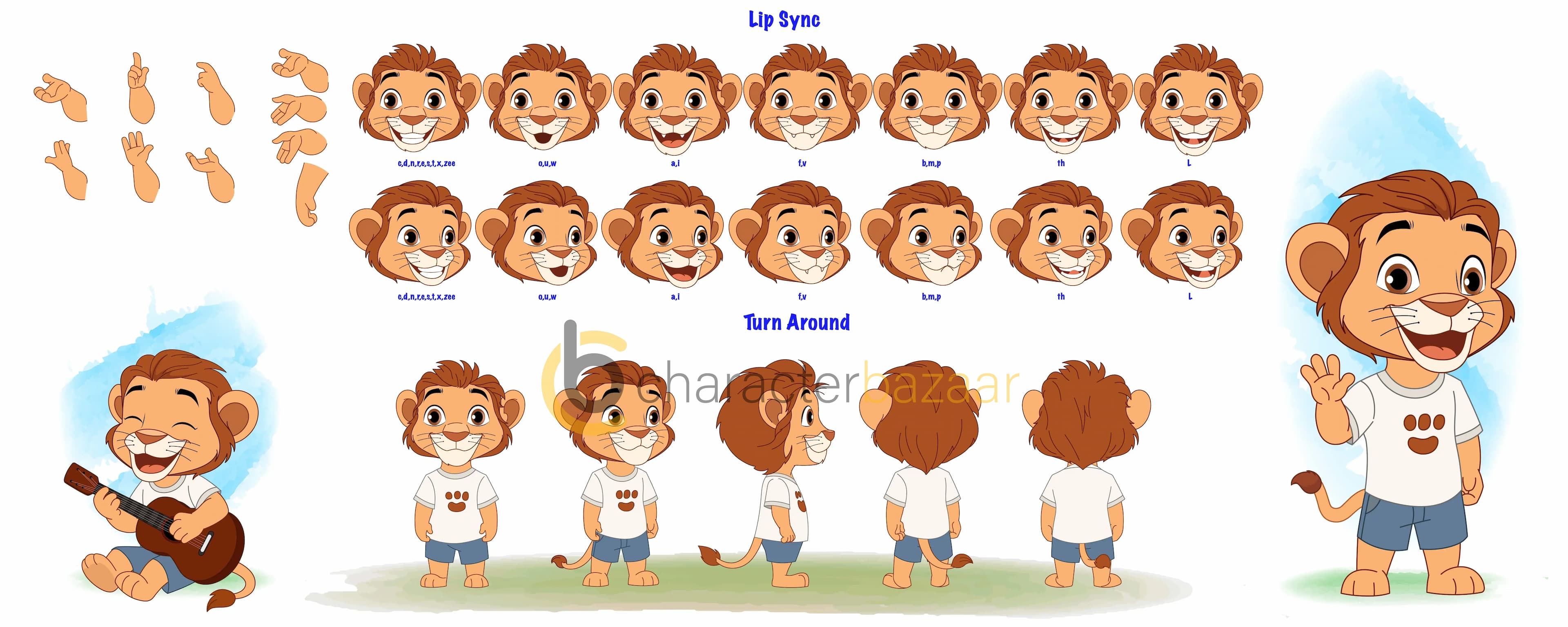 A complete 2D baby lion cartoon character model sheet showing multiple poses, hand gestures, lip-sync mouth shapes, turnaround views, and expressions