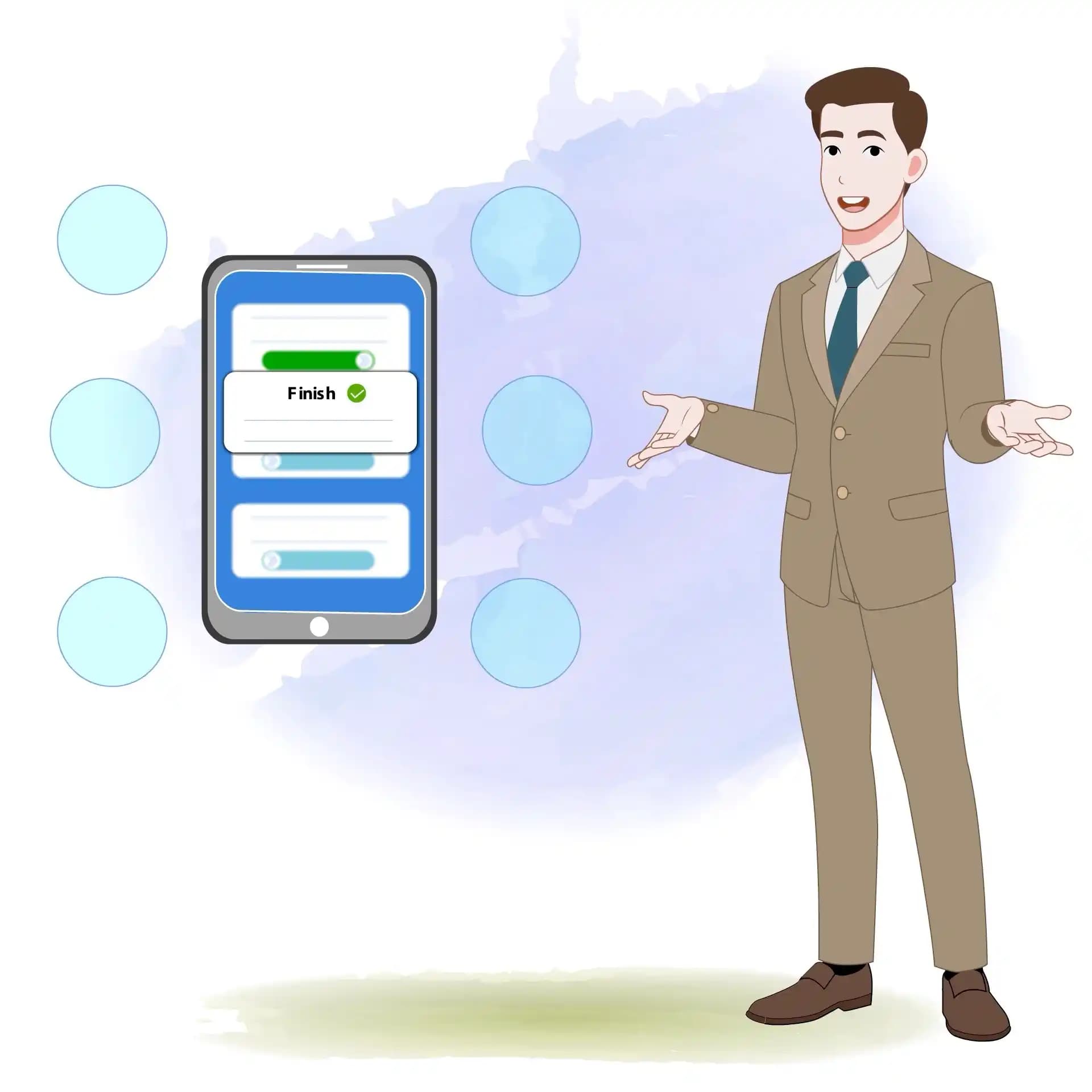 Businessman character explaining with mobile phone Animated Vector Cartoon Character AKA Joerge