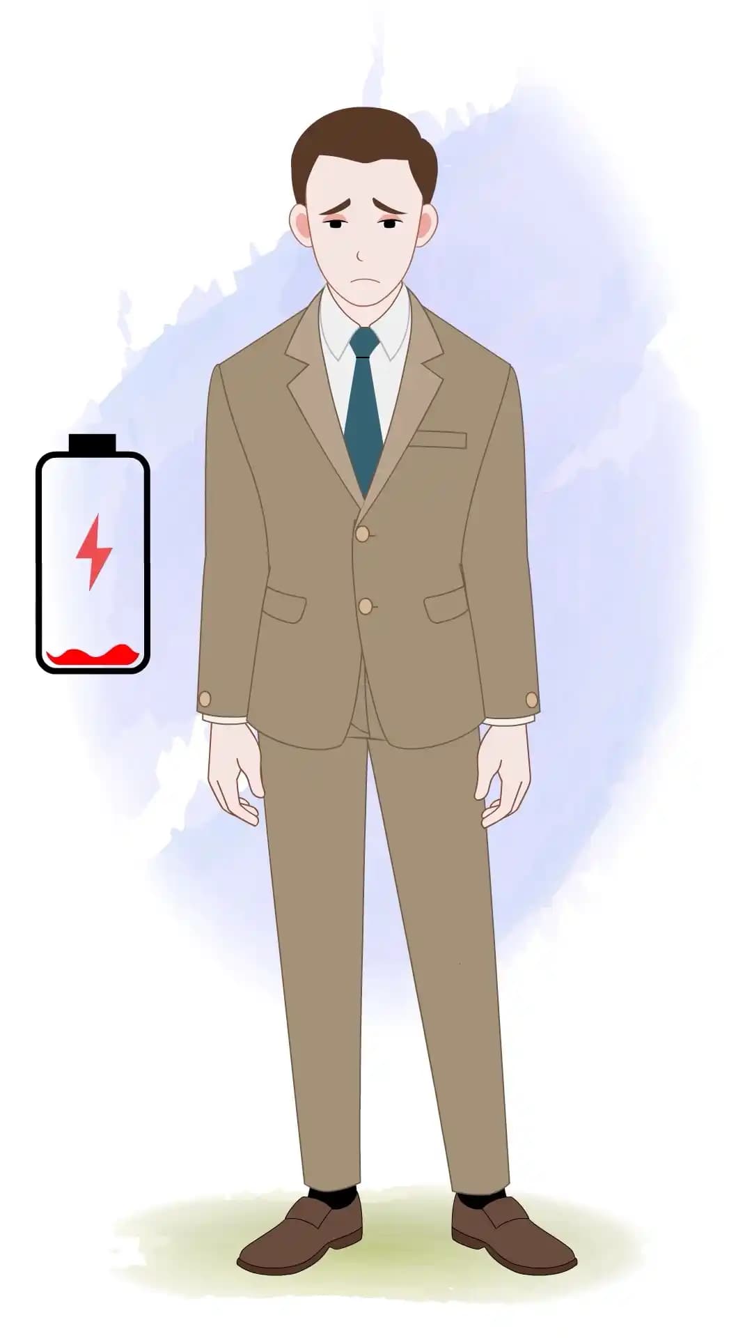 Businessman Sad and Tired Pose with Low Battery Animated Vector Cartoon Character AKA Joerge