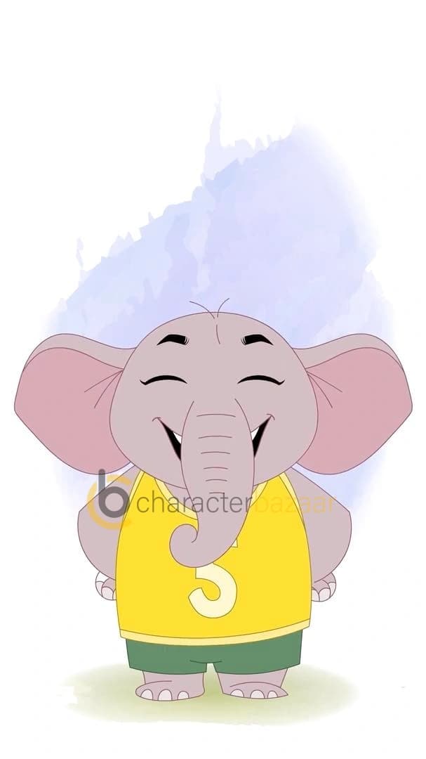 A 2d animated baby elephant laughing pose vector cartoon character AKA Bunty The Elephant