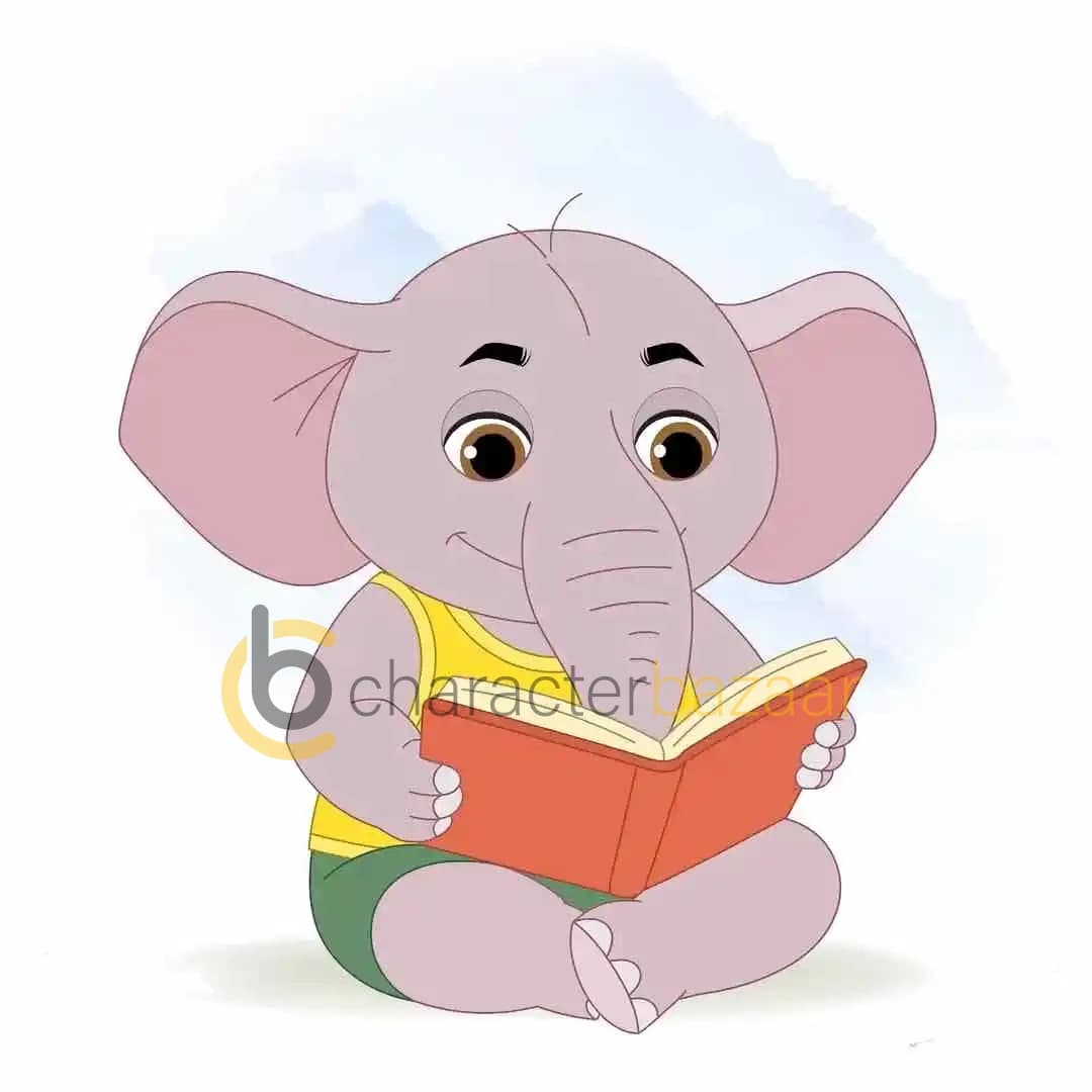 A Baby elephant reading book while sitting on floor animated vector cartoon character AKA Bunty The Elephant