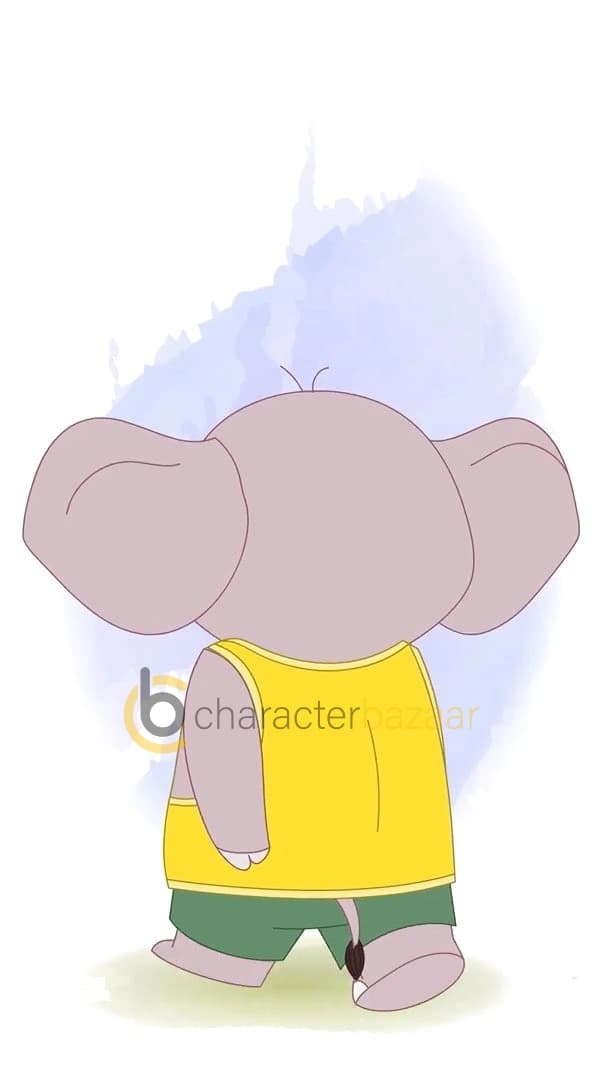 A Baby elephant walking in back third view animated vector cartoon character AKA Bunty The Elephant
