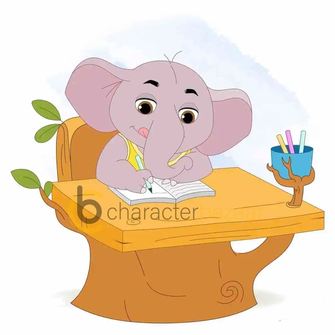 A Baby elephant writing in notebook animated vector cartoon character AKA Bunty The Elephant