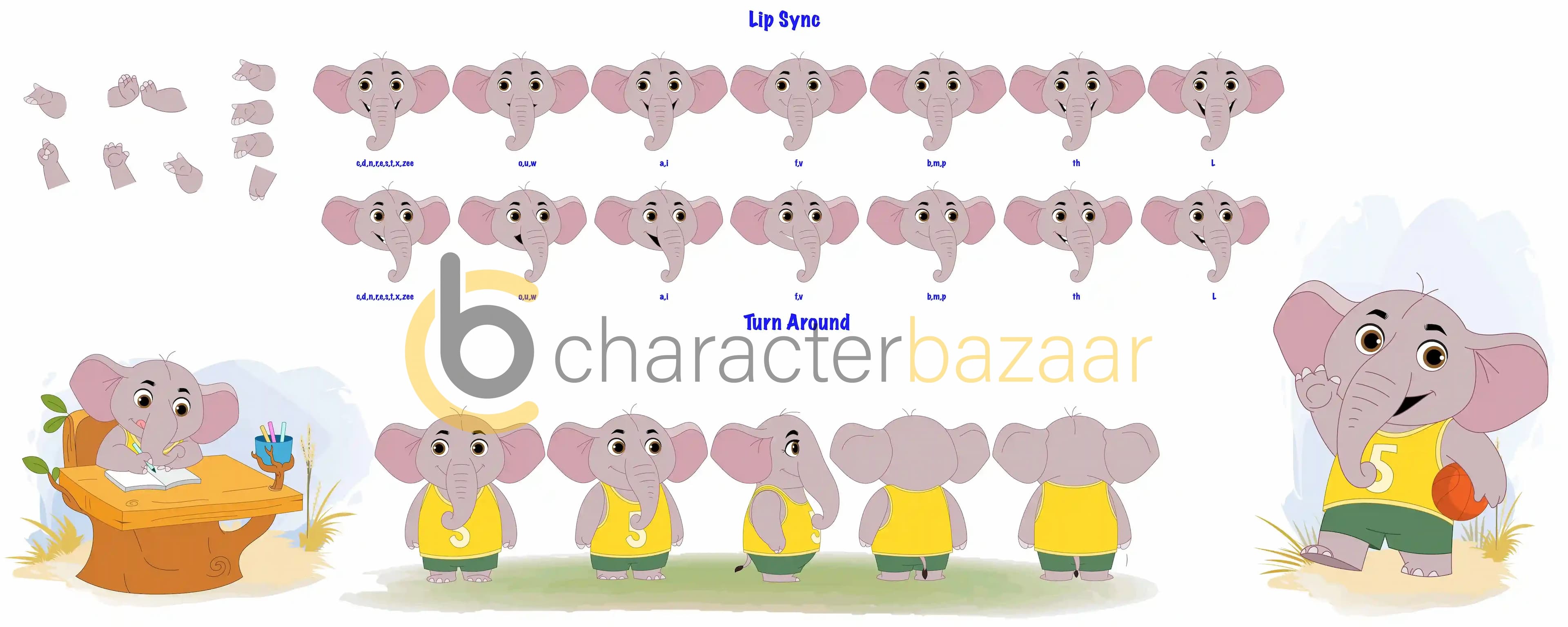 A 2d illustrated baby elephant cartoon model sheet & character construction design set and hand gesture AKA Bunty The Rabbit