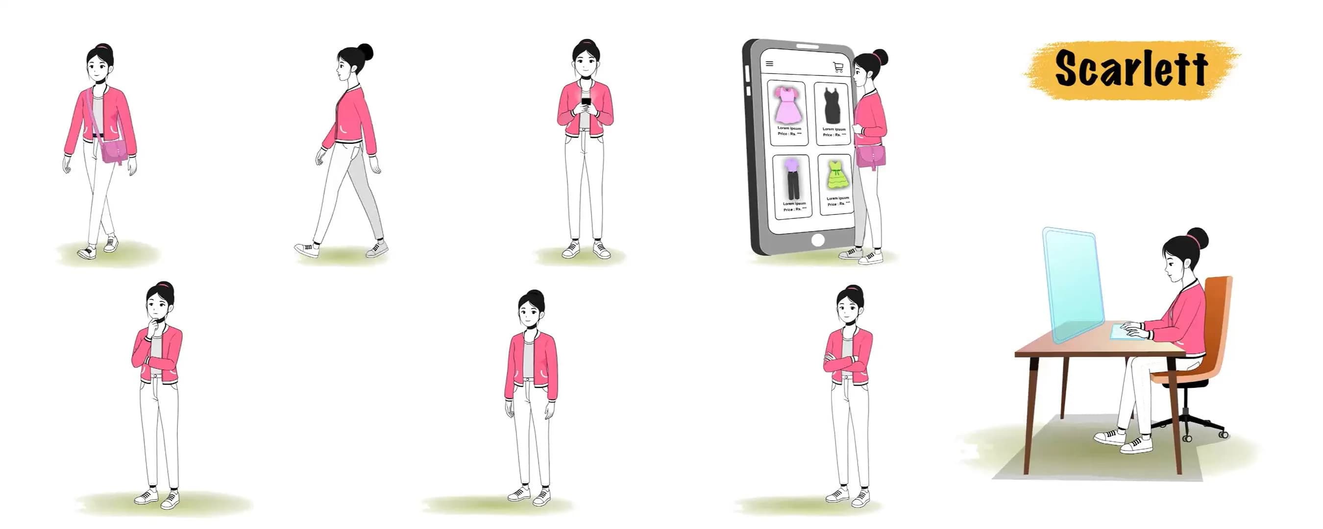 Cartoon woman animated vector cartoon character model sheet AKA Scarlett