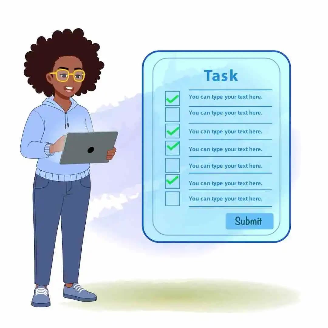 2D African American woman cartoon character using tablet with task checklist animated vector illustration