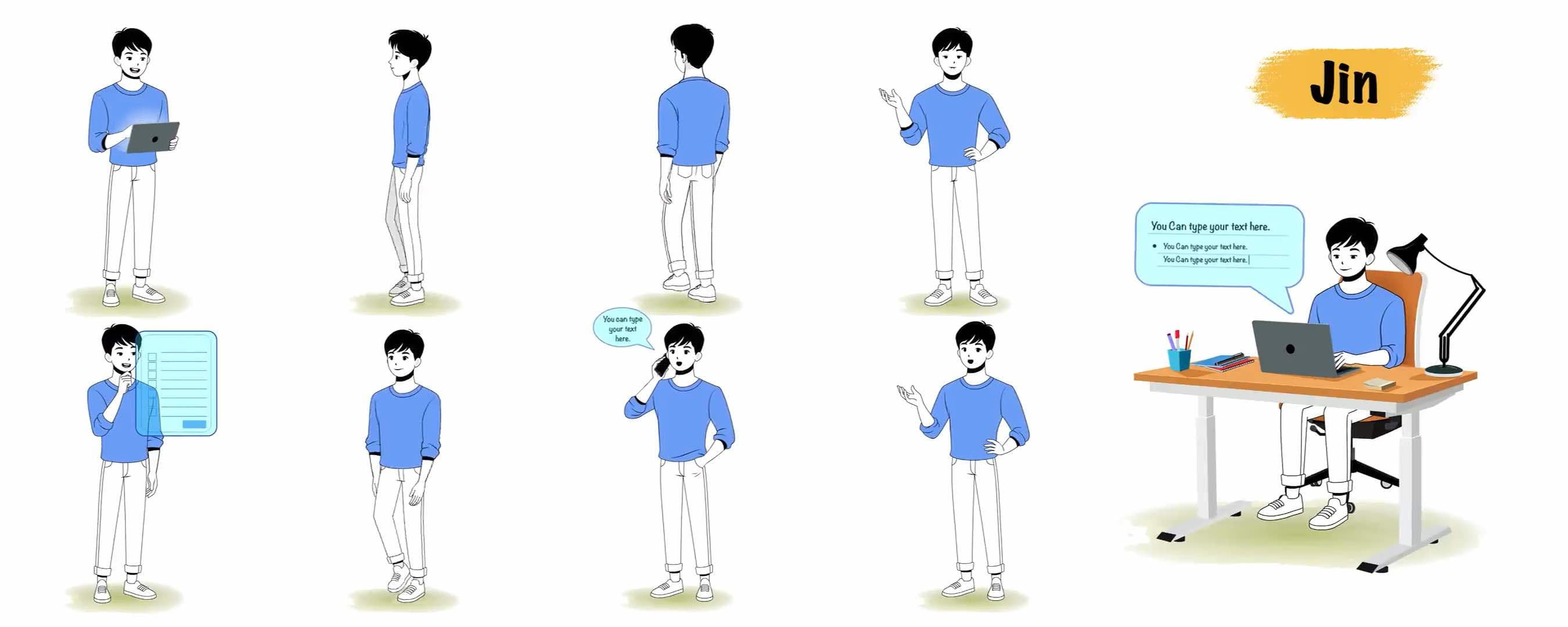 Casual man animated vector cartoon character model sheet AKA Jin