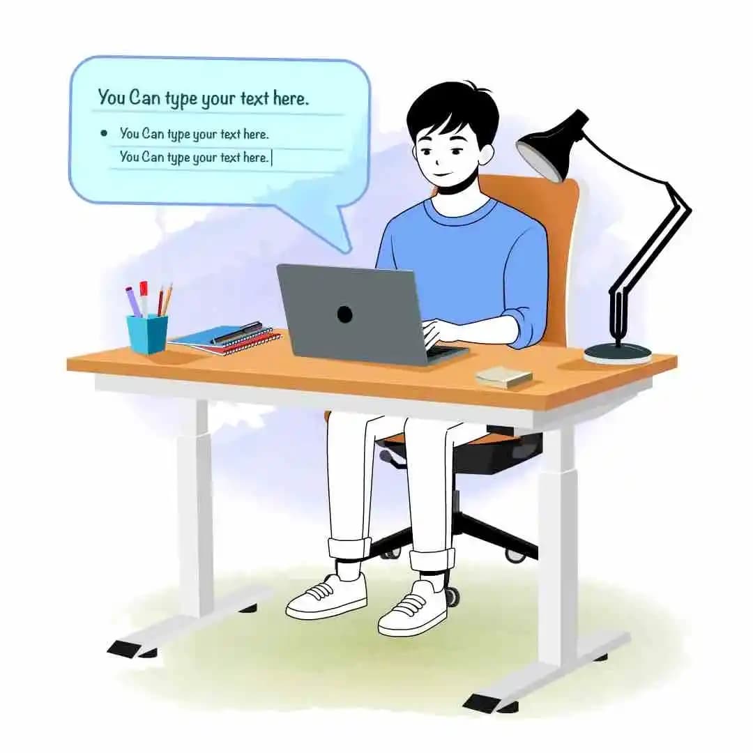 A cartoon young man in a beige sweatshirt types on a laptop at a modern desk with a task lamp,notebooks,and a pencil cup,while a blue speech-bubble UI floats beside him,implying messaging or note-taking in a home-office setup AKA Jin