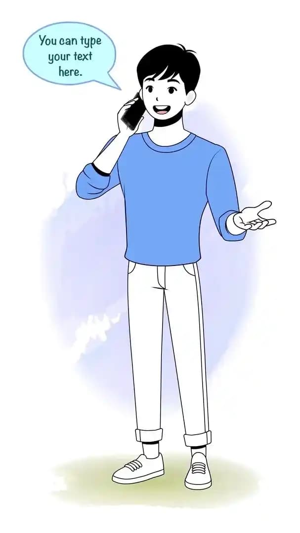 A cheerful cartoon young man in a beige sweatshirt and teal pants holds a smartphone to his ear while gesturing with his free hand; a blue speech bubble shows he’s chatting AKA Jin