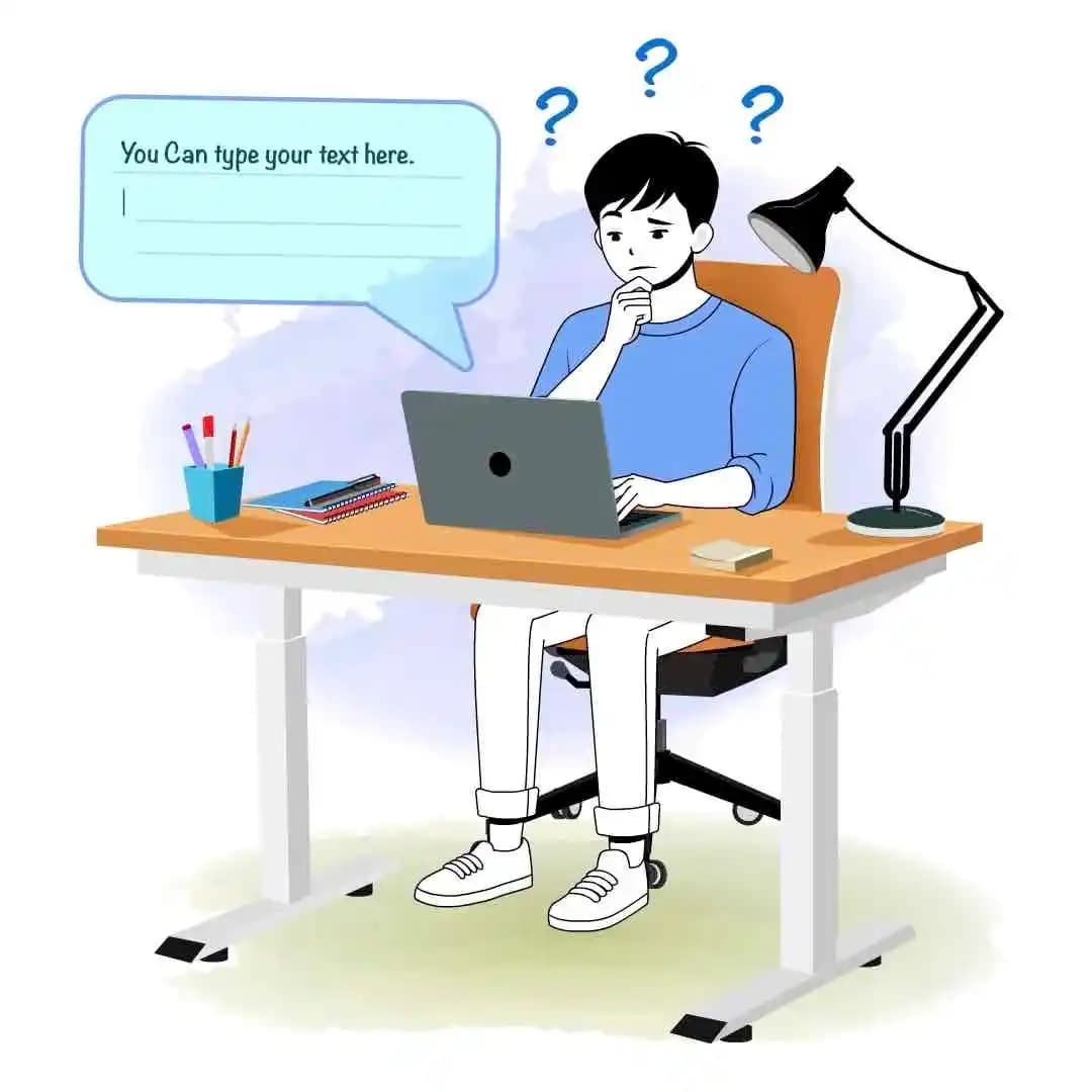 A cartoon young man in a beige sweatshirt sits at a modern desk,hand on chin,staring at a laptop while blue question marks float above him and a chat-bubble UI appears beside him. A task lamp,notebooks,and a pencil cup complete the home-office scene,conveying confusion or problem-solving AKA Jin