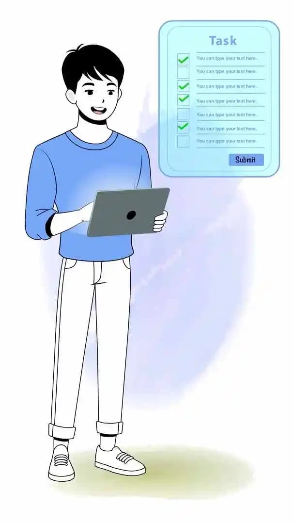 A cartoon young man in a beige sweatshirt and green cuffed pants stands holding a tablet, with a blue “Task” checklist panel showing multiple checkmarks beside him AKA Jin