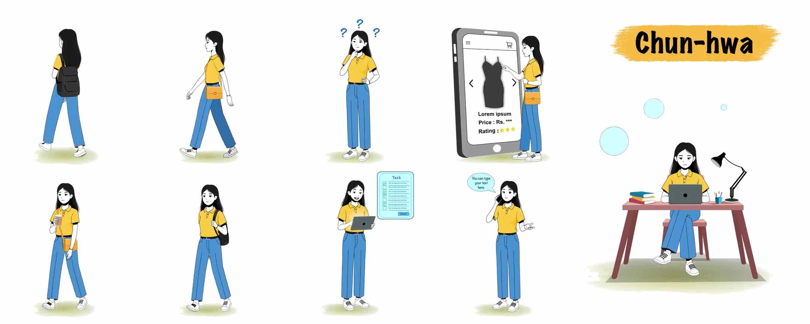 Female college student animated model sheet character vector