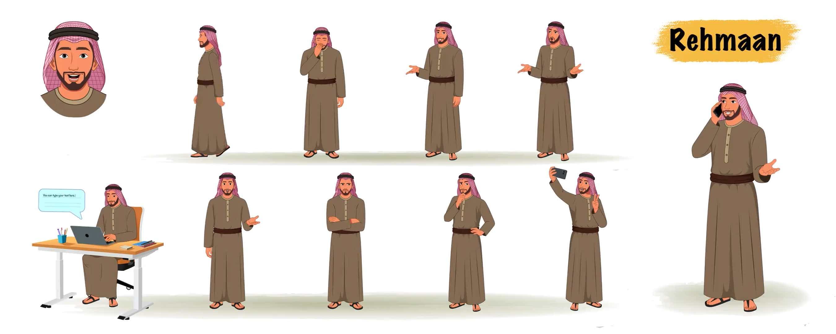 Middle eastern arab sheikh animated character model sheet cartoon vector
