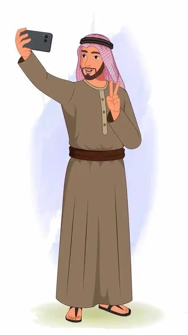 A middle eastern arab sheikh taking selfie animated vector character AKA Rehmaan